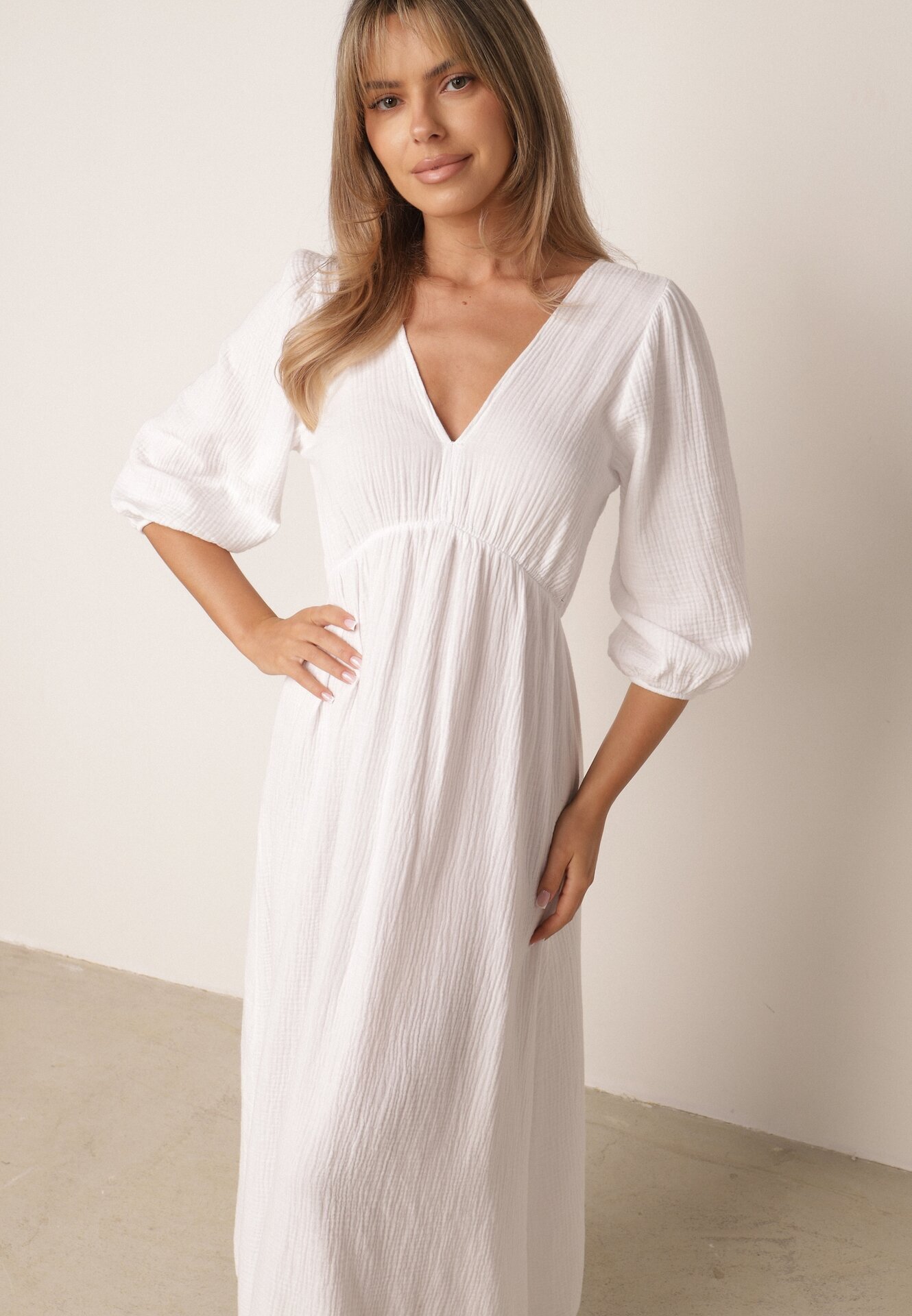 jumelle Rochie albă evazată de bumbac boho cu legătură și elastic în talie Lawla