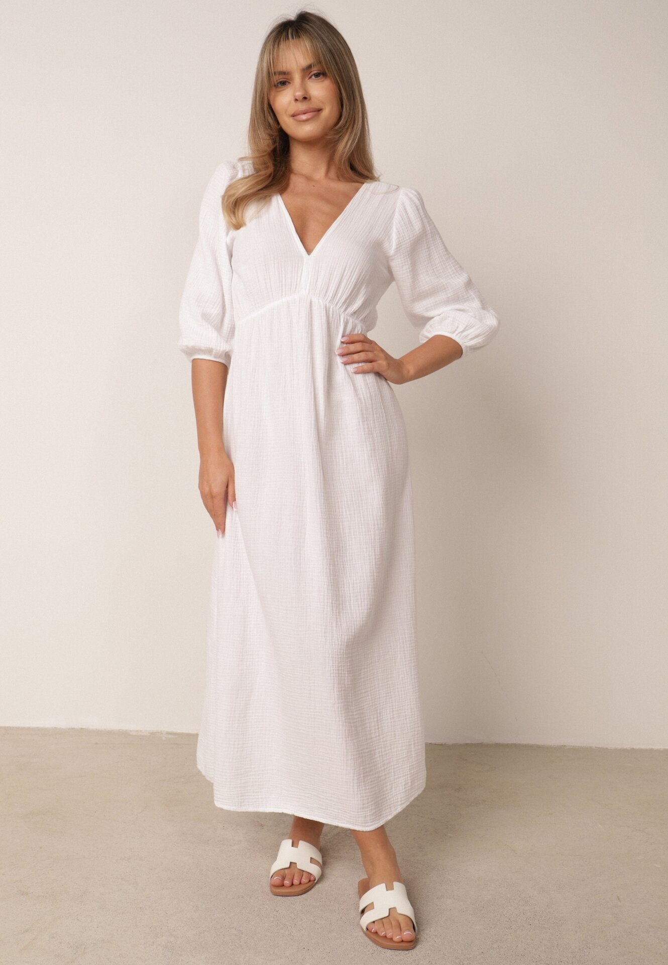 jumelle Rochie albă evazată de bumbac boho cu legătură și elastic în talie Lawla
