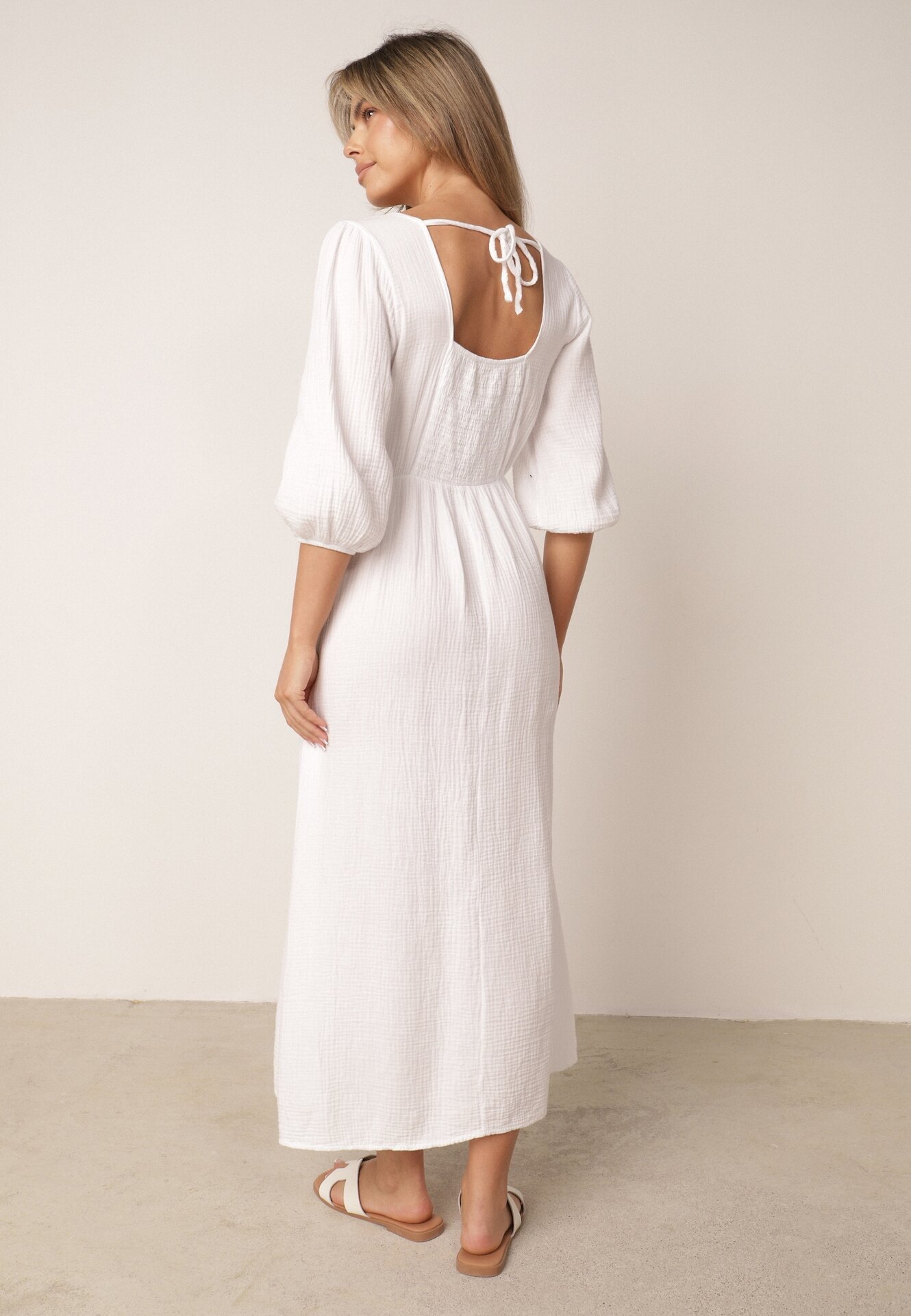 jumelle Rochie albă evazată de bumbac boho cu legătură și elastic în talie Lawla