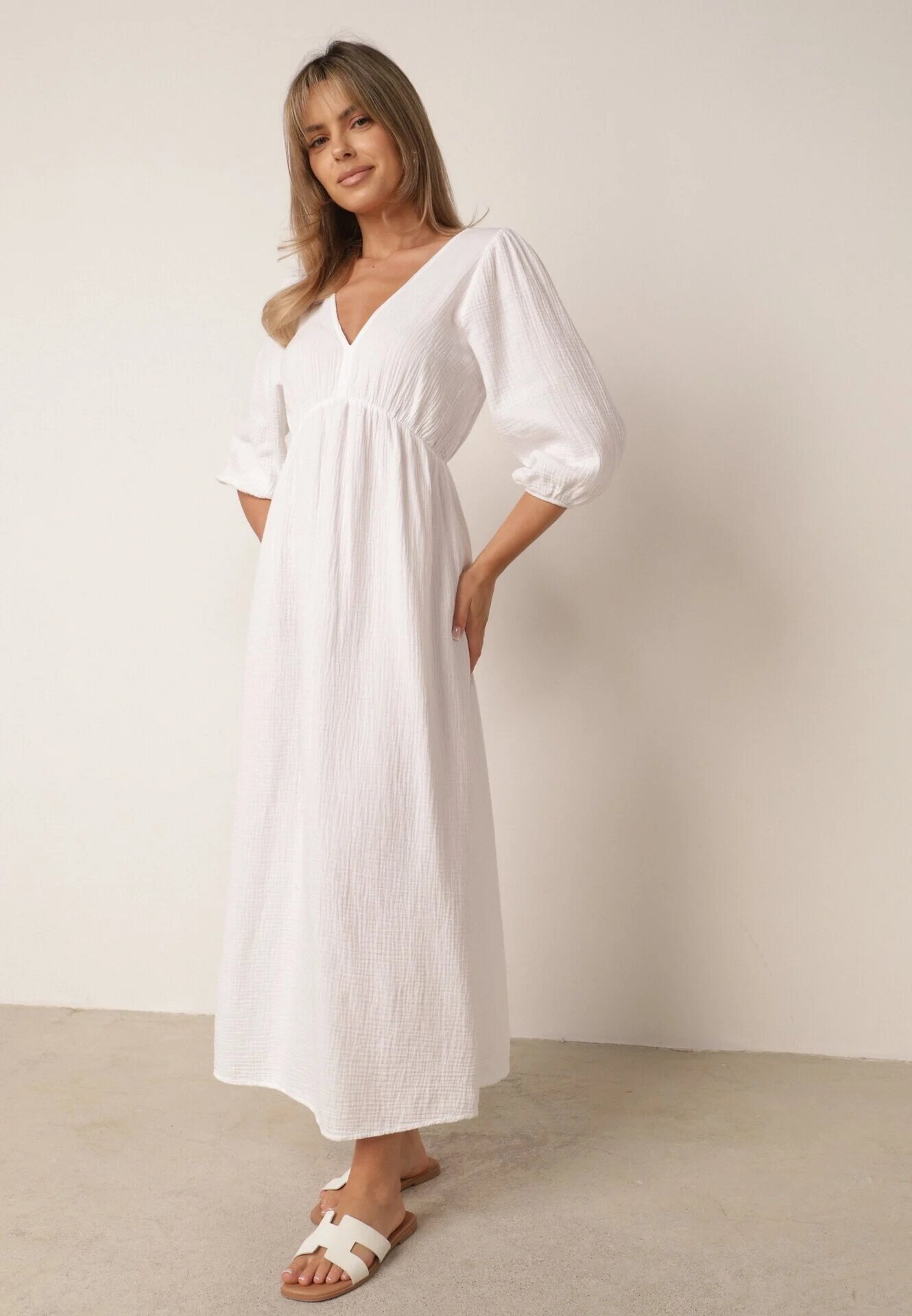 jumelle Rochie albă evazată de bumbac boho cu legătură și elastic în talie Lawla