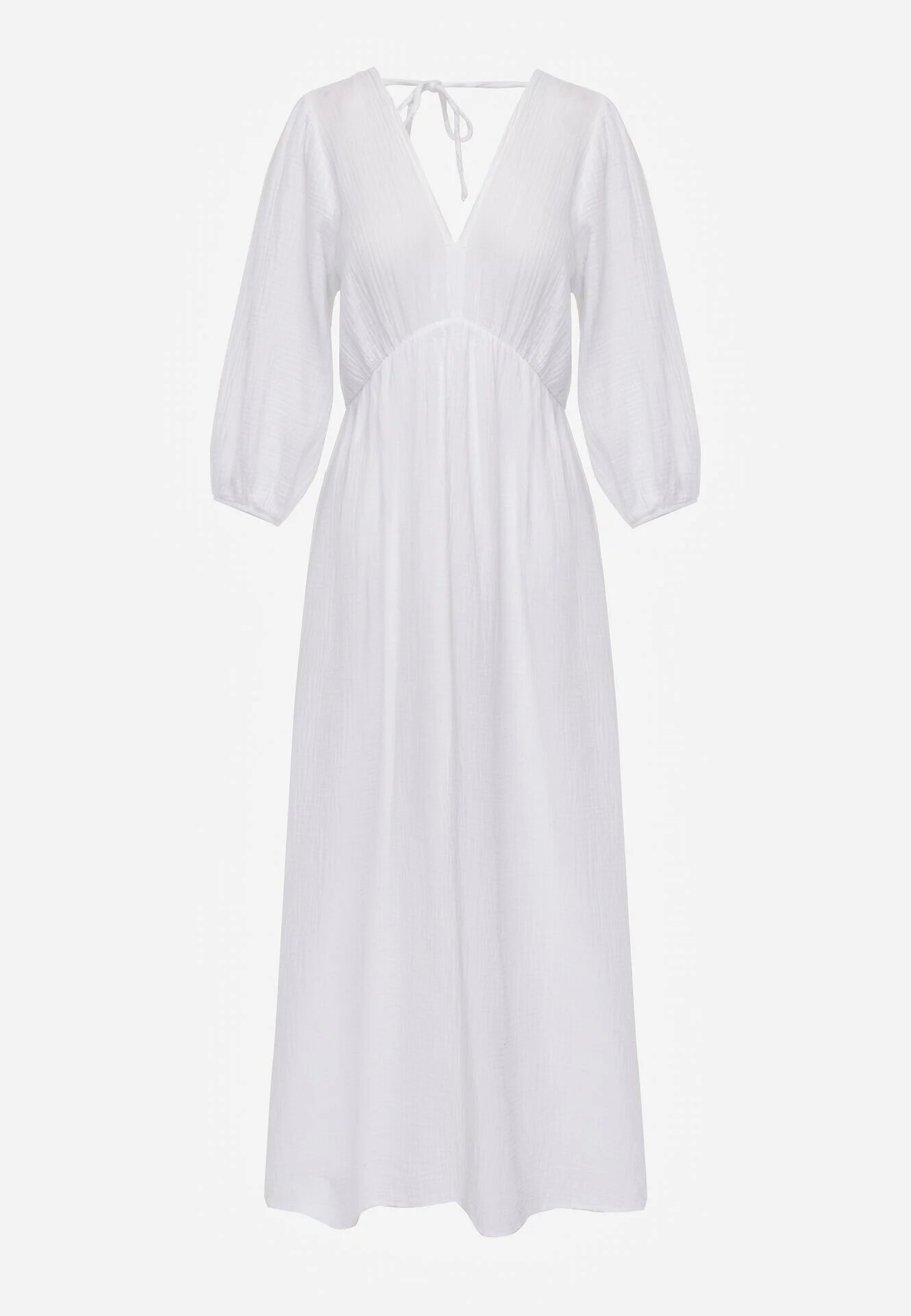 jumelle Rochie albă evazată de bumbac boho cu legătură și elastic în talie Lawla