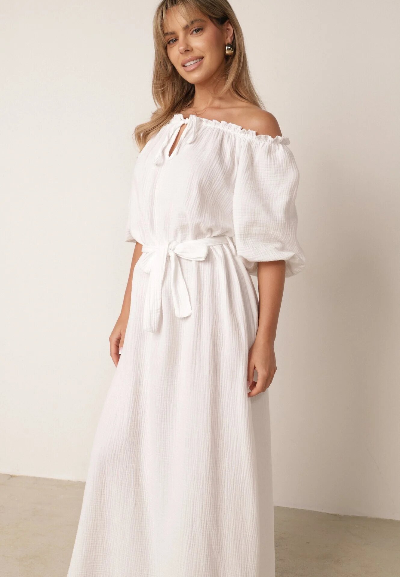 jumelle Rochie Albă Trapezoidală din Muselină de Bumbac cu Centură și Elastic în Talie Vimarinn