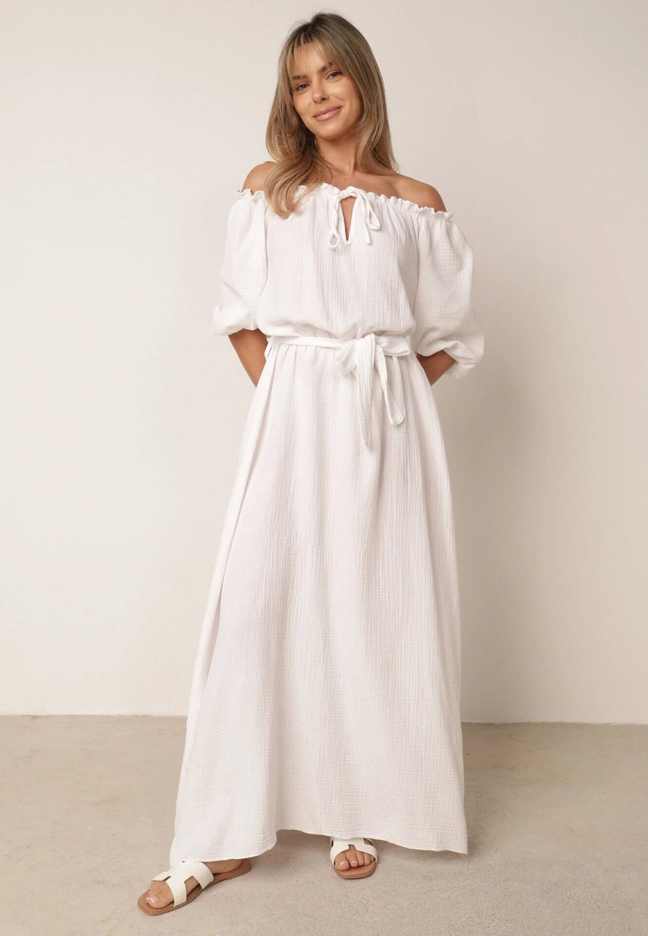jumelle Rochie Albă Trapezoidală din Muselină de Bumbac cu Centură și Elastic în Talie Vimarinn