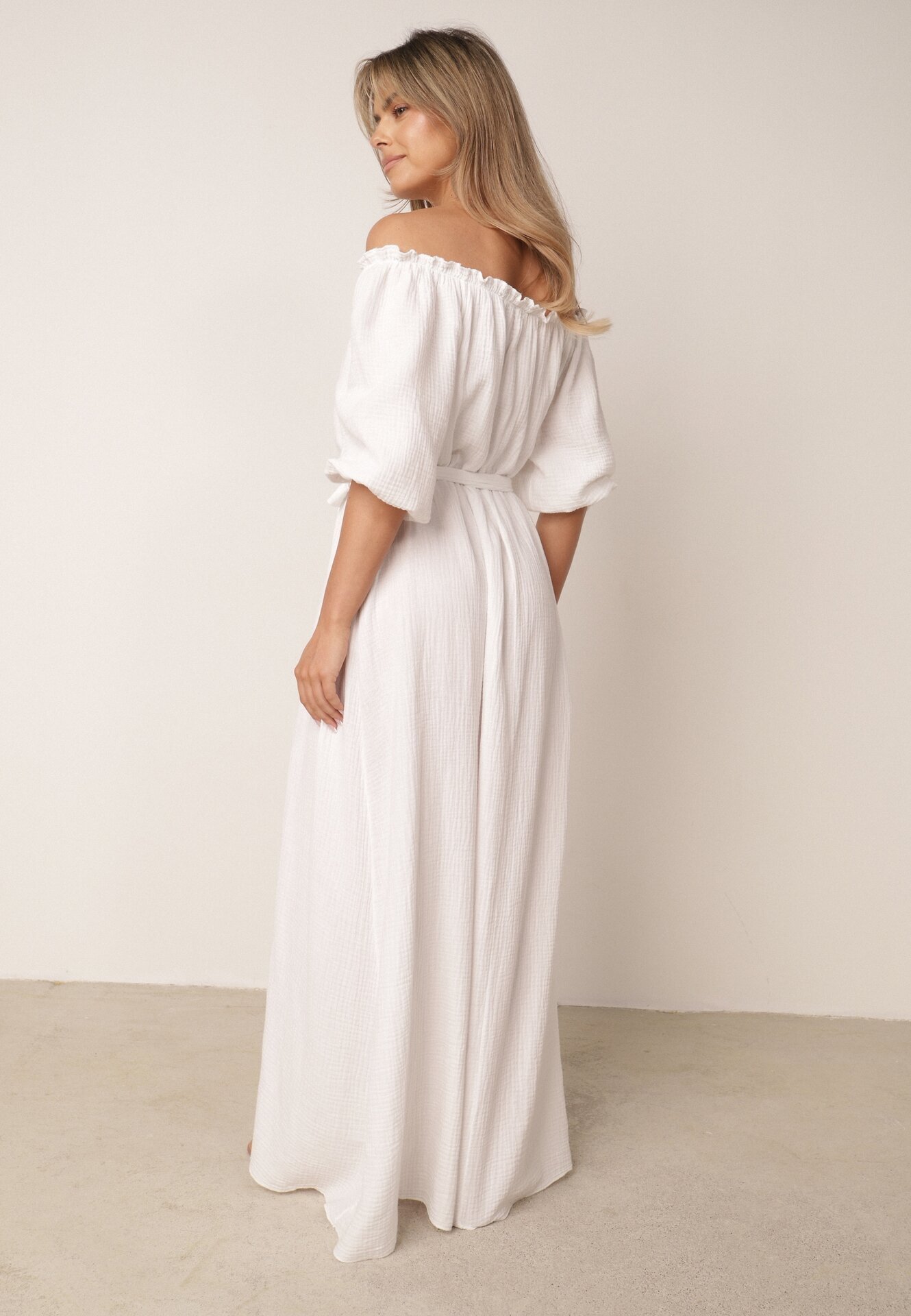 jumelle Rochie Albă Trapezoidală din Muselină de Bumbac cu Centură și Elastic în Talie Vimarinn