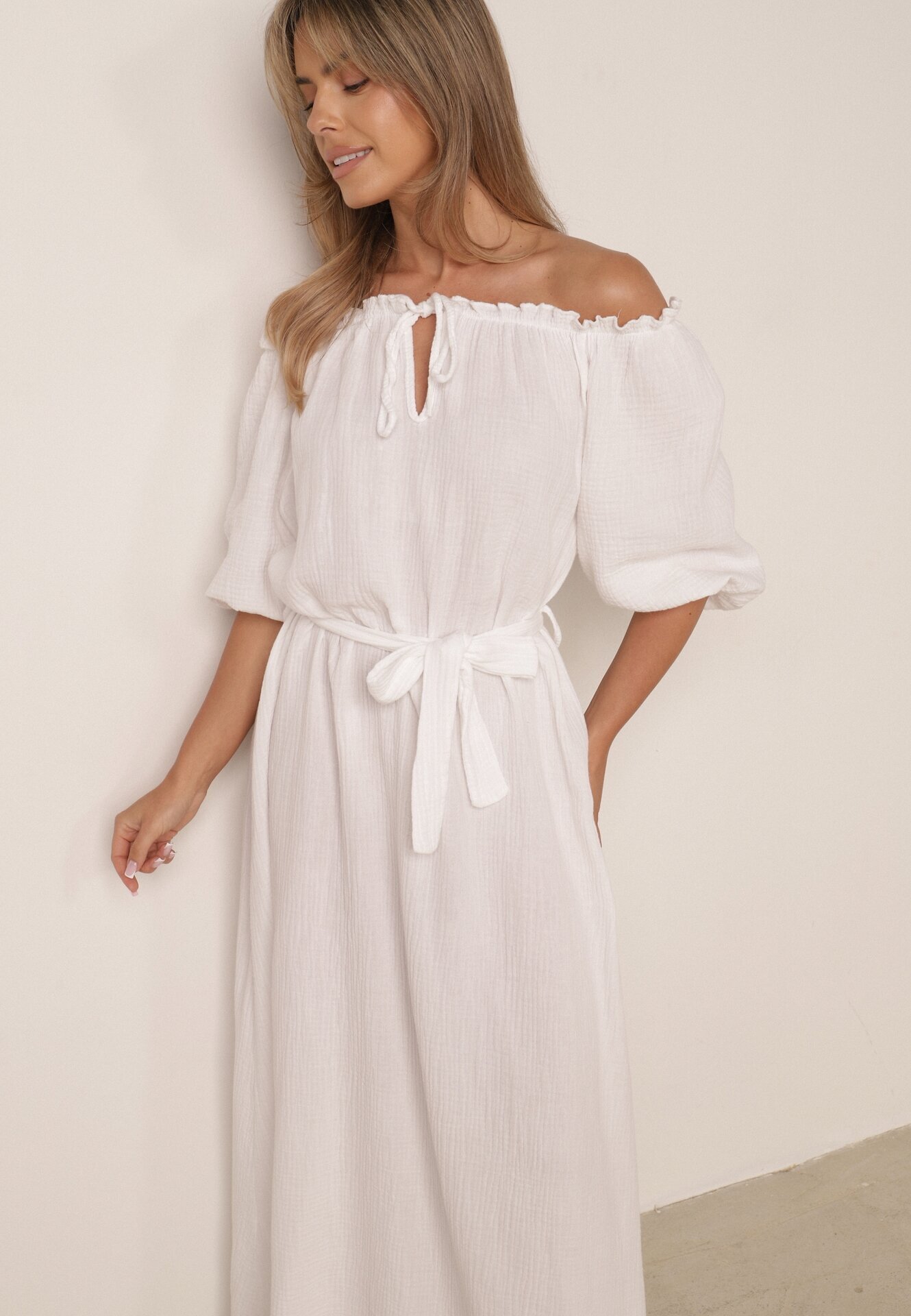 jumelle Rochie Albă Trapezoidală din Muselină de Bumbac cu Centură și Elastic în Talie Vimarinn