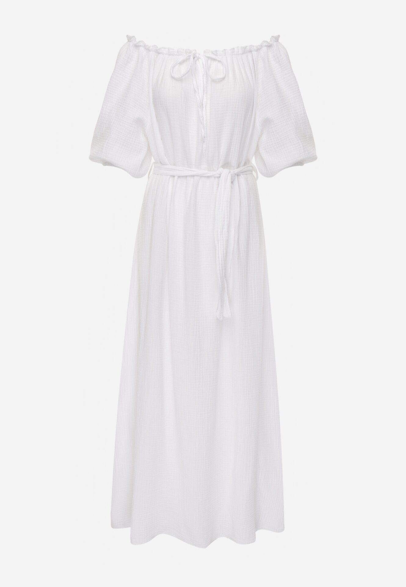 jumelle Rochie Albă Trapezoidală din Muselină de Bumbac cu Centură și Elastic în Talie Vimarinn