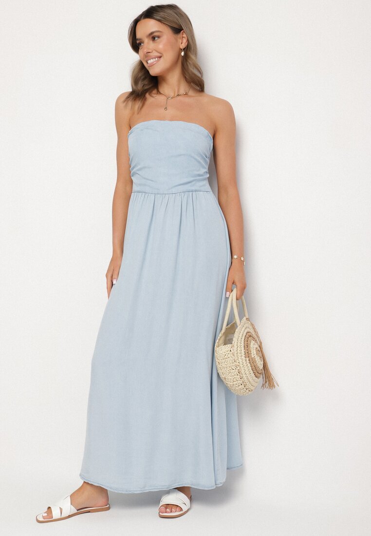jumelle Rochie Albastru Deschis Cloche cu Decolteu Tip Bandeau Mavilore