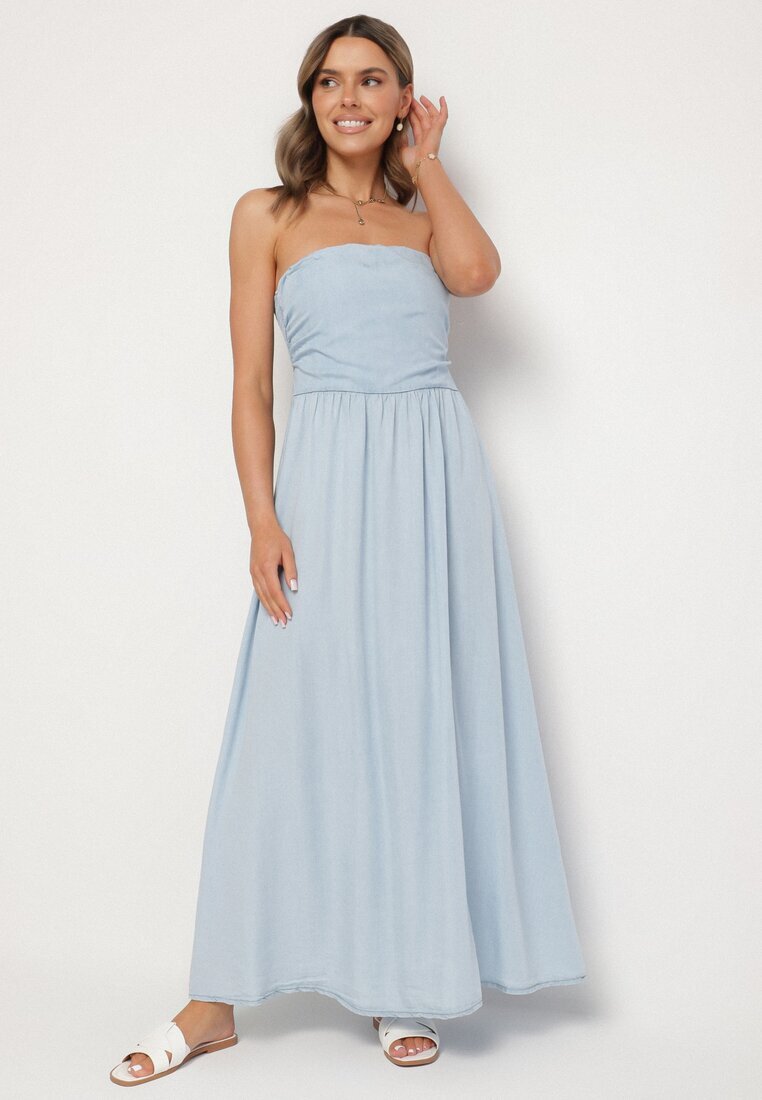 jumelle Rochie Albastru Deschis Cloche cu Decolteu Tip Bandeau Mavilore