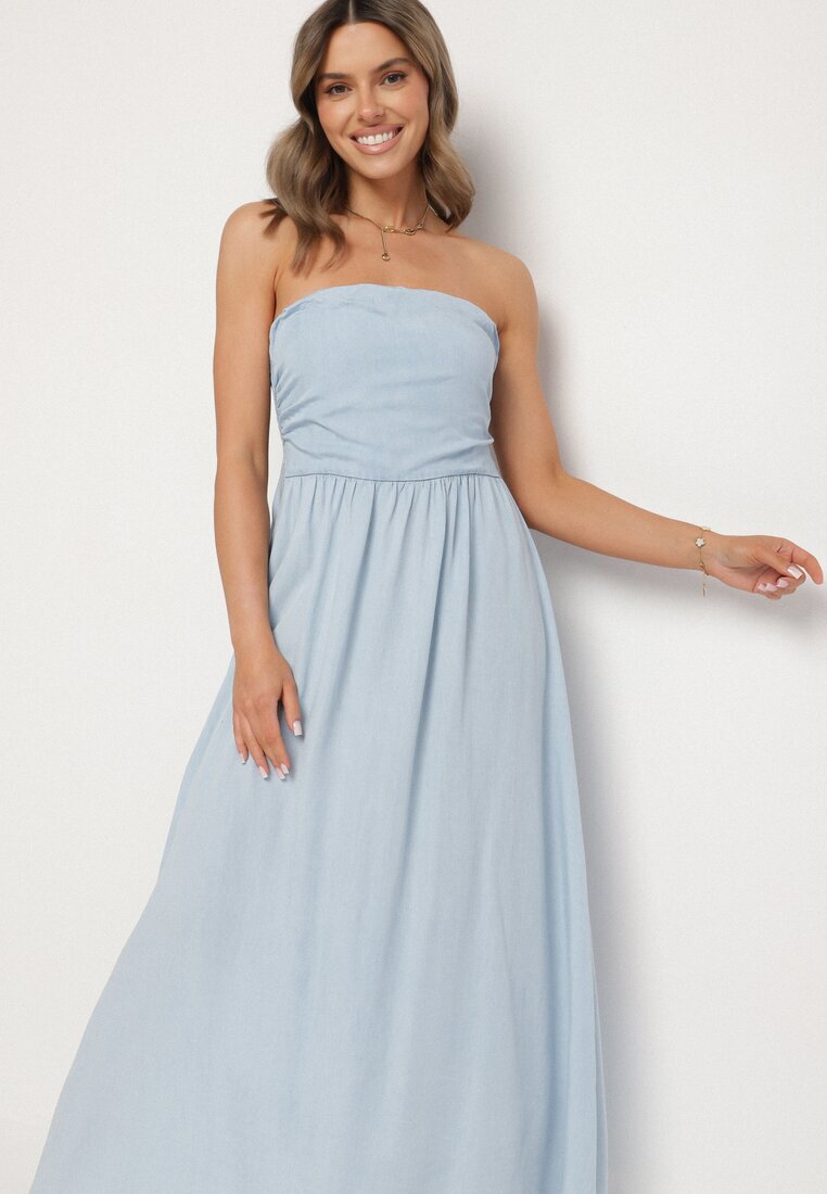 jumelle Rochie Albastru Deschis Cloche cu Decolteu Tip Bandeau Mavilore