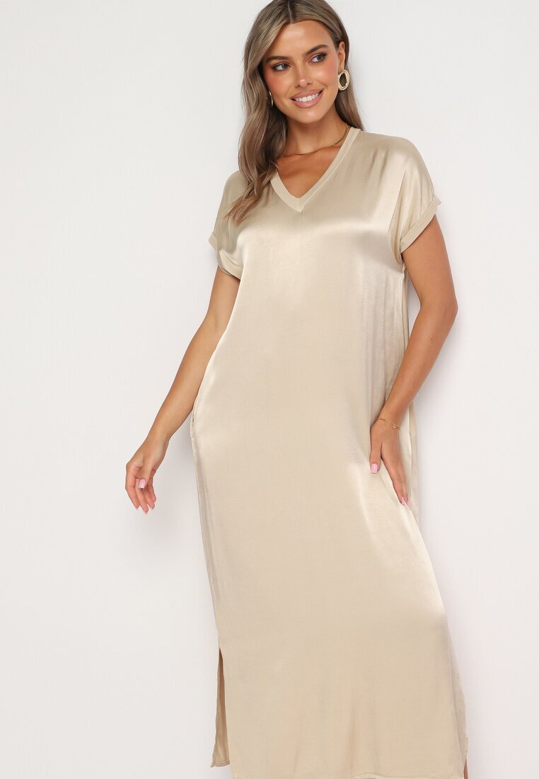 jumelle Rochie Bej din vâscoză cu croi drept Oversize Moratina