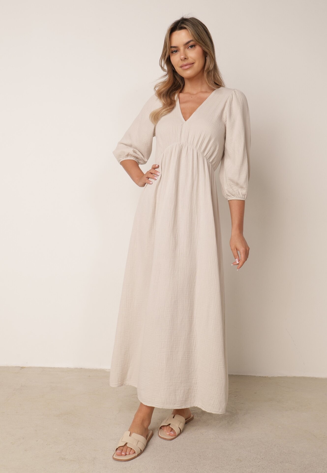 jumelle Rochie Bej Evazată Din bumbac Boho cu cordon și elastic în talie Lawla