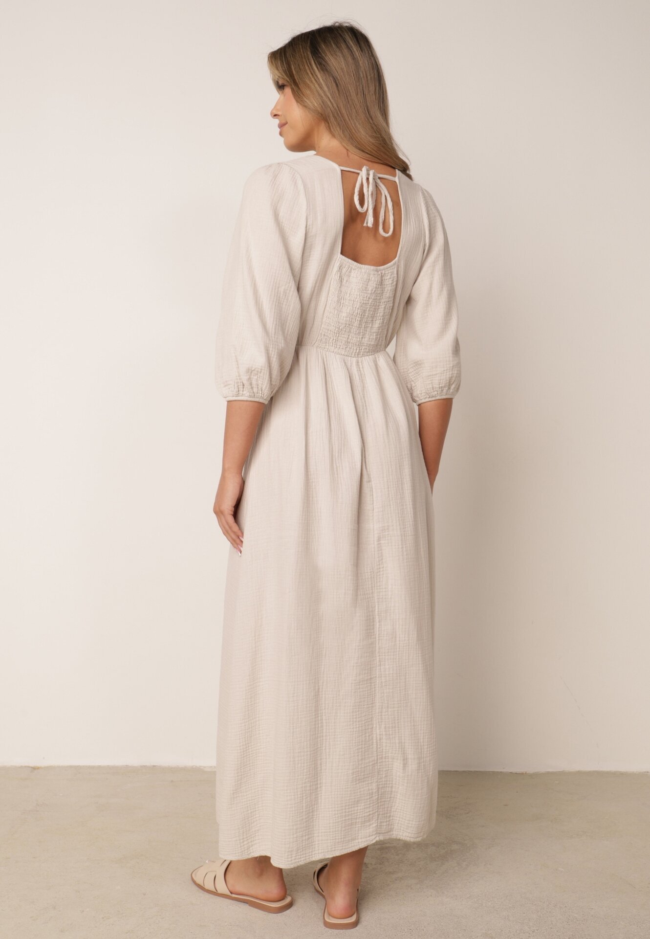 jumelle Rochie Bej Evazată Din bumbac Boho cu cordon și elastic în talie Lawla