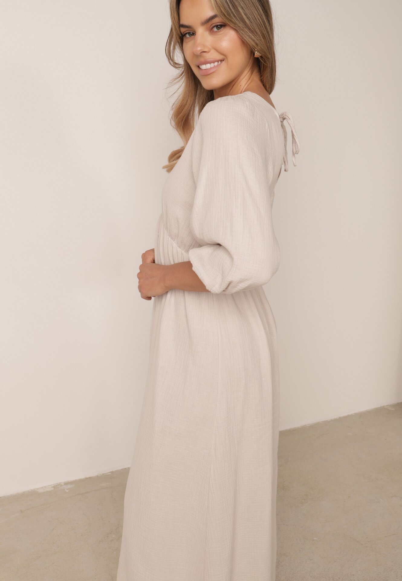 jumelle Rochie Bej Evazată Din bumbac Boho cu cordon și elastic în talie Lawla