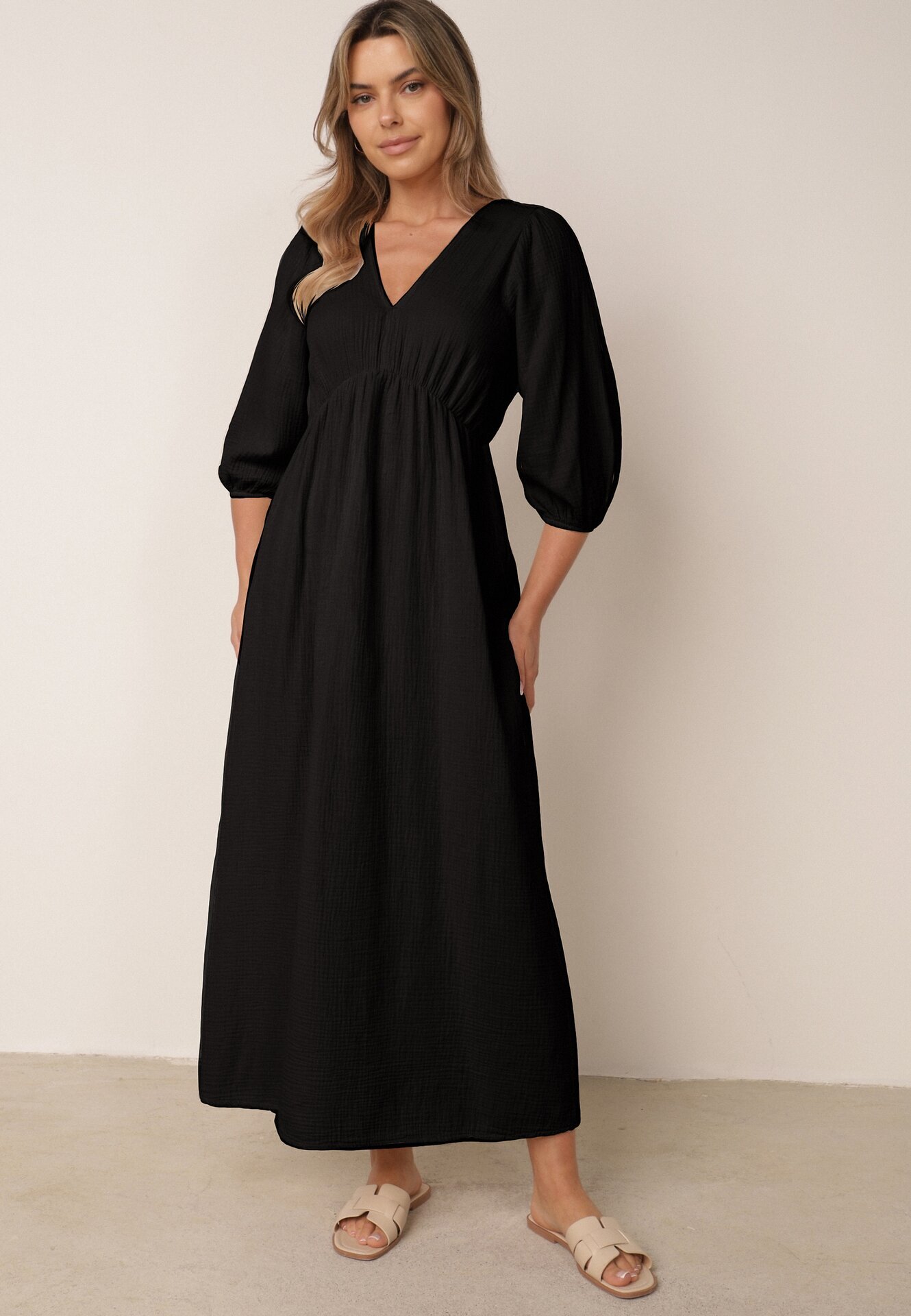 jumelle Rochie Cloș Neagră din Bumbac Boho cu Legătură și Elastic în Talie Lawla