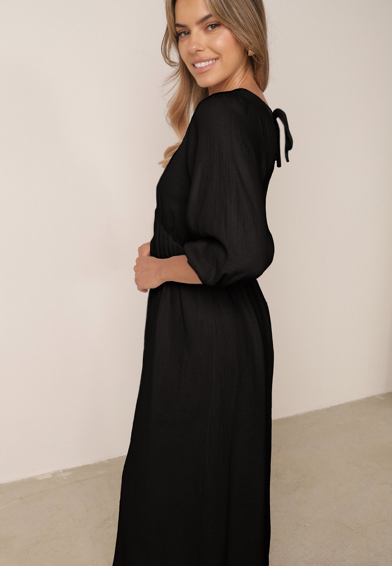 jumelle Rochie Cloș Neagră din Bumbac Boho cu Legătură și Elastic în Talie Lawla