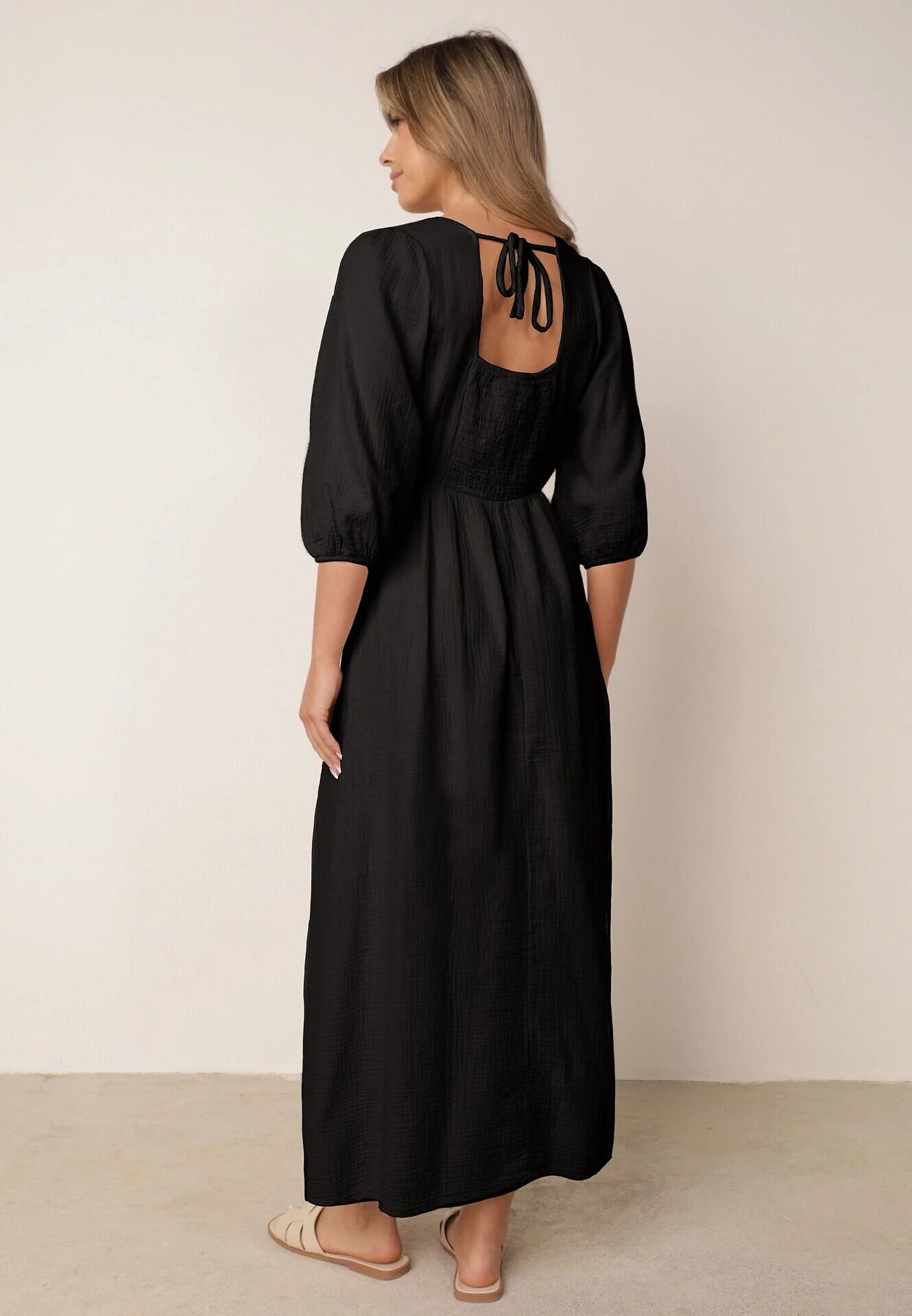 jumelle Rochie Cloș Neagră din Bumbac Boho cu Legătură și Elastic în Talie Lawla