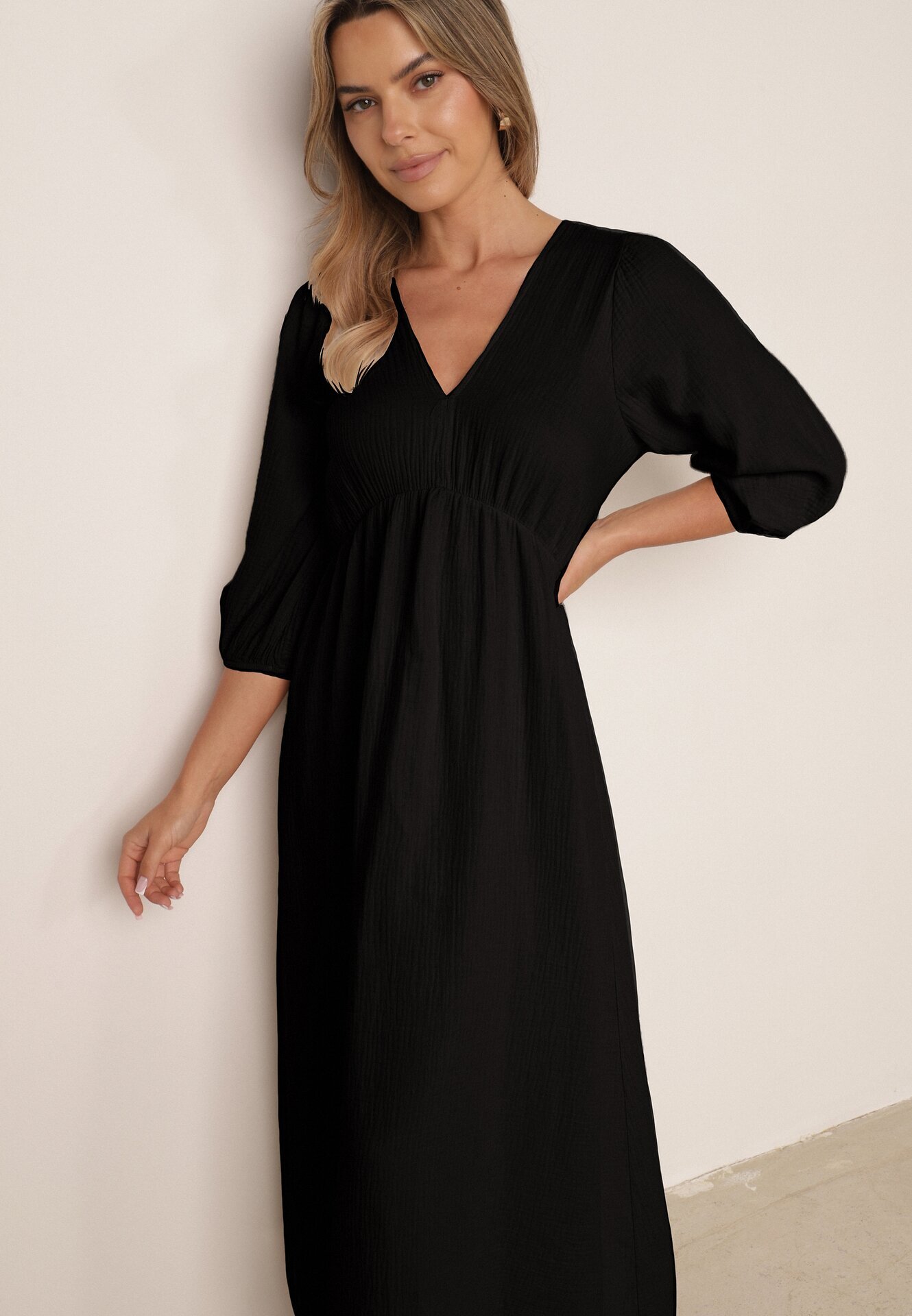 jumelle Rochie Cloș Neagră din Bumbac Boho cu Legătură și Elastic în Talie Lawla