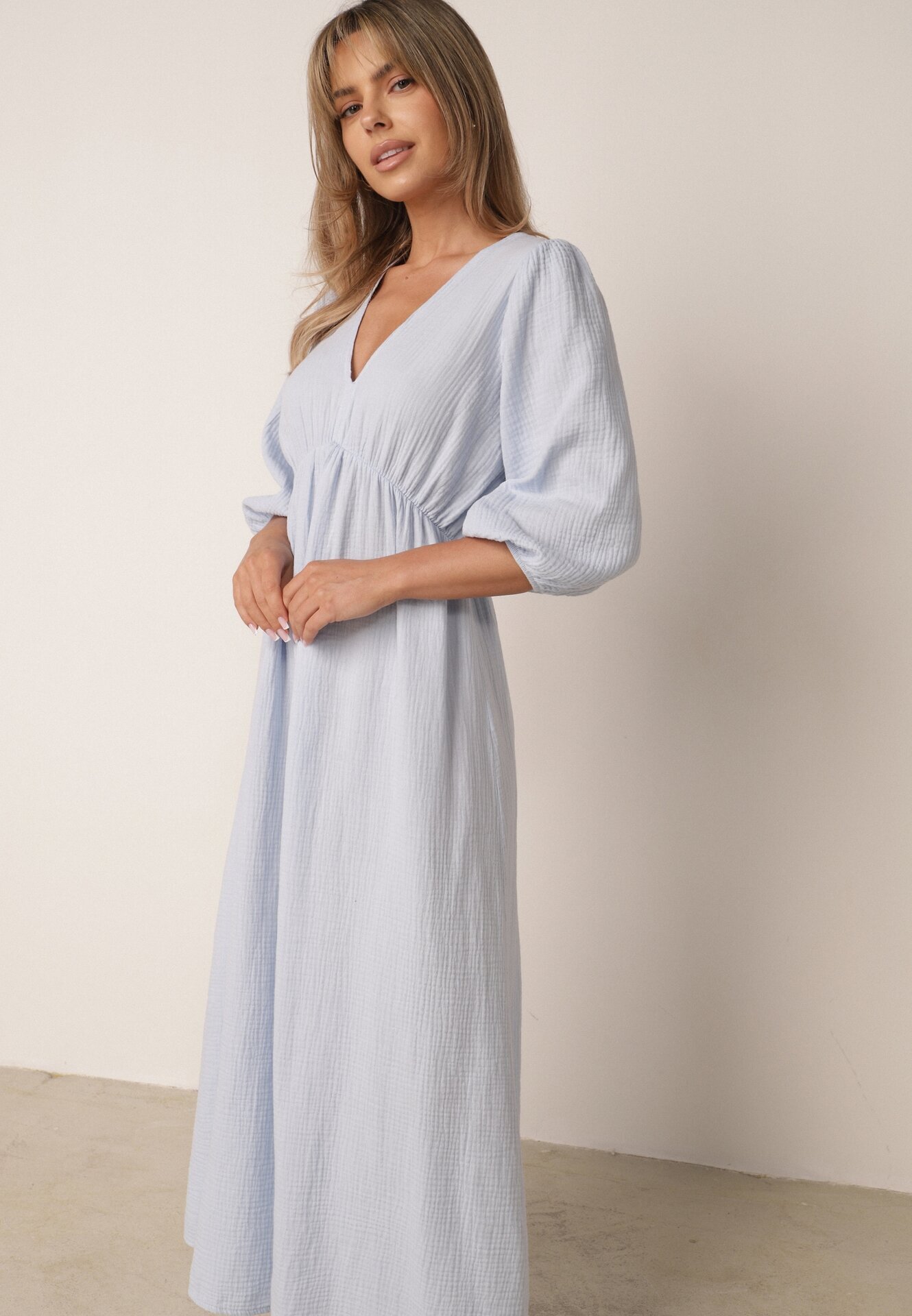 jumelle Rochie Evazată Din Bumbac Albastru Deschis Boho cu Legătură și cu Elastic în Talie Lawla