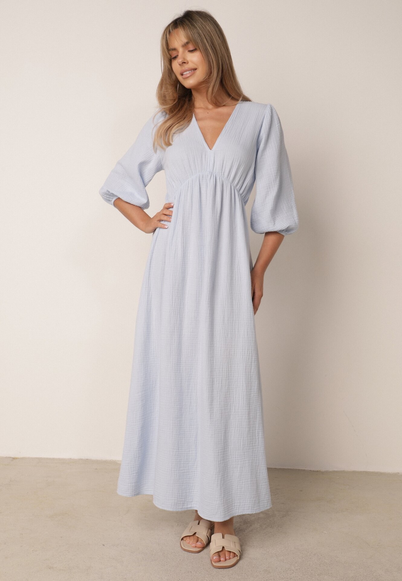 jumelle Rochie Evazată Din Bumbac Albastru Deschis Boho cu Legătură și cu Elastic în Talie Lawla