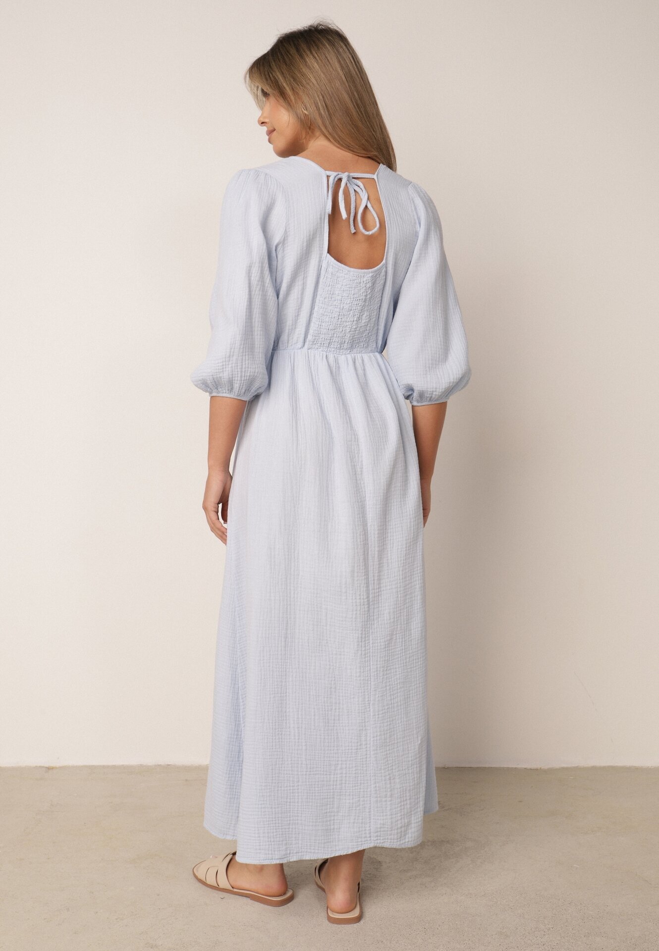 jumelle Rochie Evazată Din Bumbac Albastru Deschis Boho cu Legătură și cu Elastic în Talie Lawla