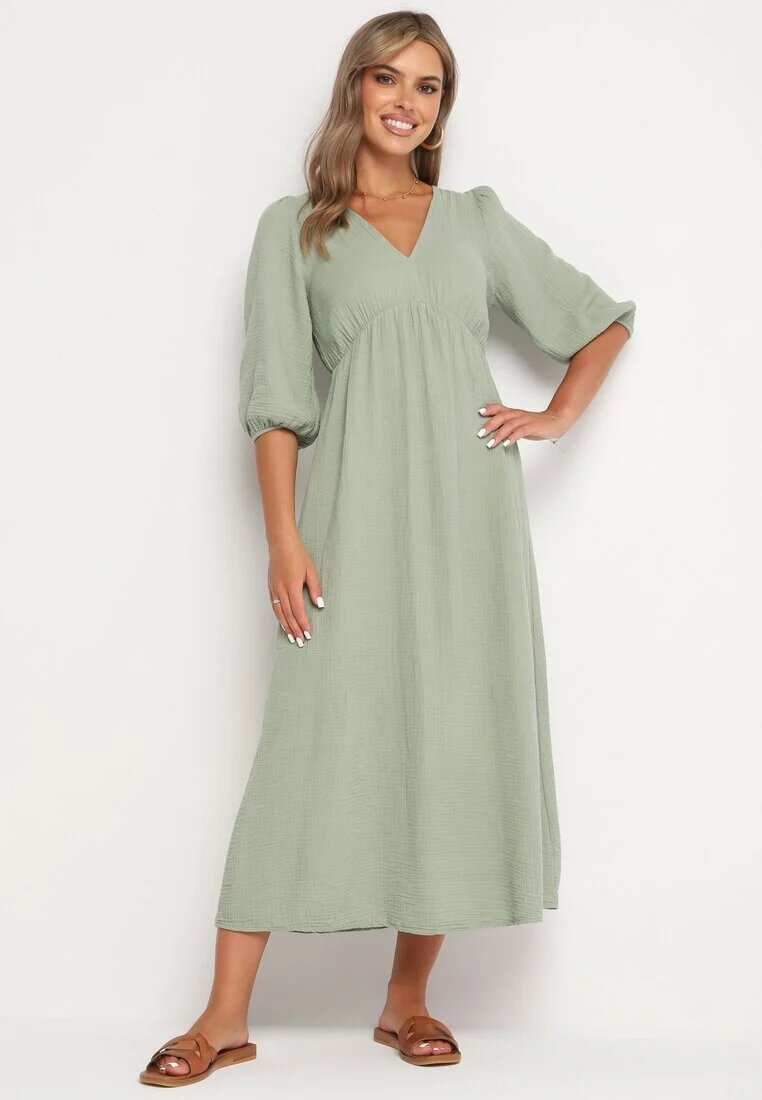 jumelle Rochie evazată din bumbac Boho Verde închis cu legătură și elastic în talie Lawla