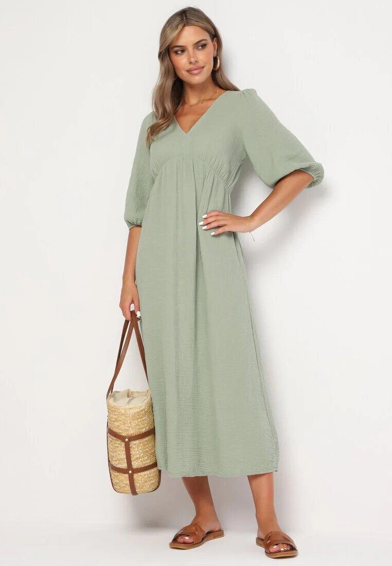 jumelle Rochie evazată din bumbac Boho Verde închis cu legătură și elastic în talie Lawla