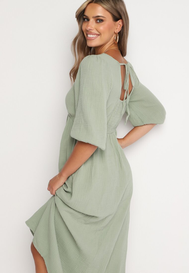 jumelle Rochie evazată din bumbac Boho Verde închis cu legătură și elastic în talie Lawla