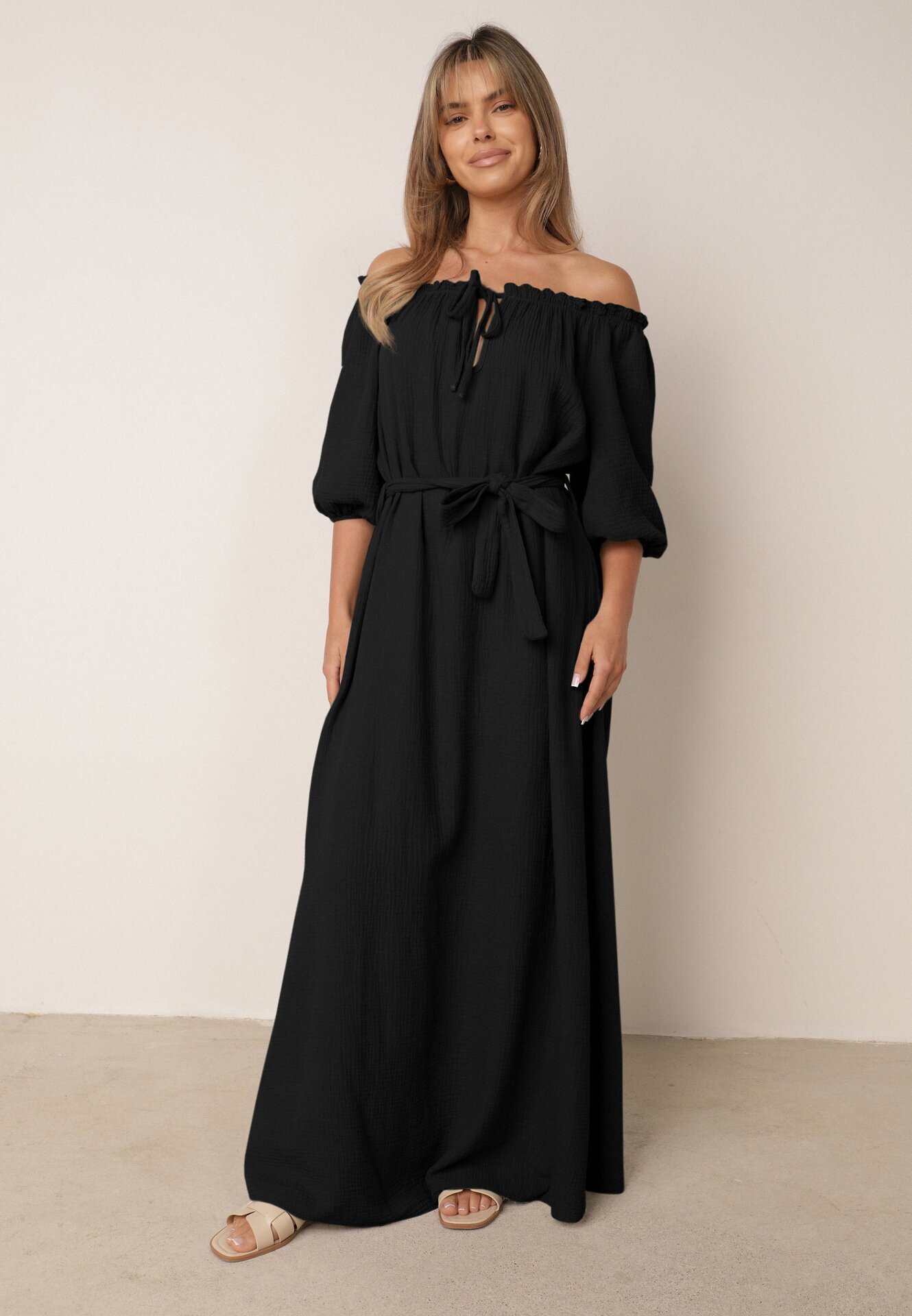 jumelle Rochie neagră trapezoidală din muselină de bumbac cu curea și elastic în talie Vimarinn