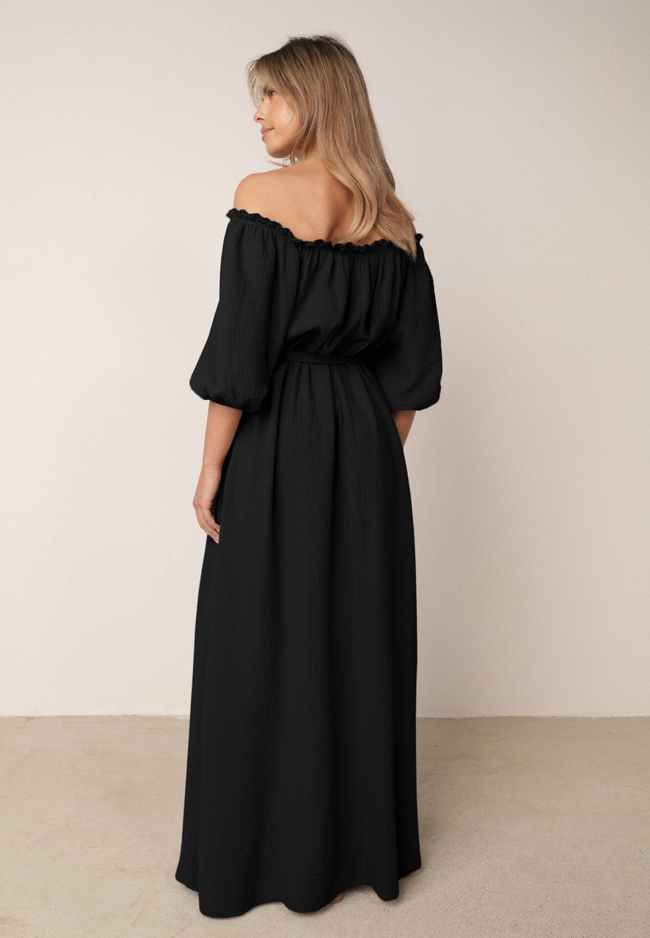jumelle Rochie neagră trapezoidală din muselină de bumbac cu curea și elastic în talie Vimarinn