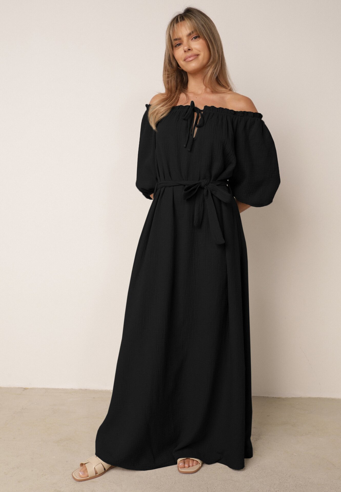jumelle Rochie neagră trapezoidală din muselină de bumbac cu curea și elastic în talie Vimarinn
