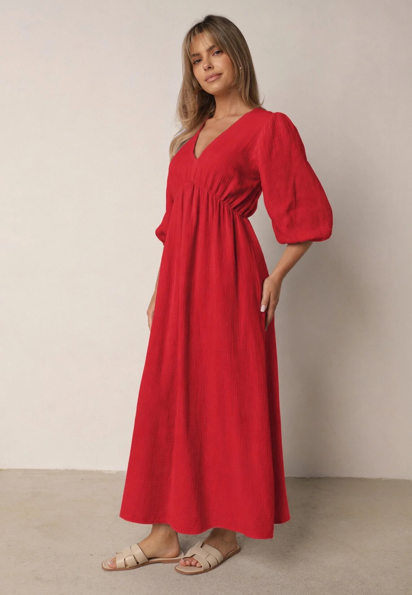 jumelle Rochie Roșie Cloș din bumbac Boho cu șnur și elastic în talie Lawla