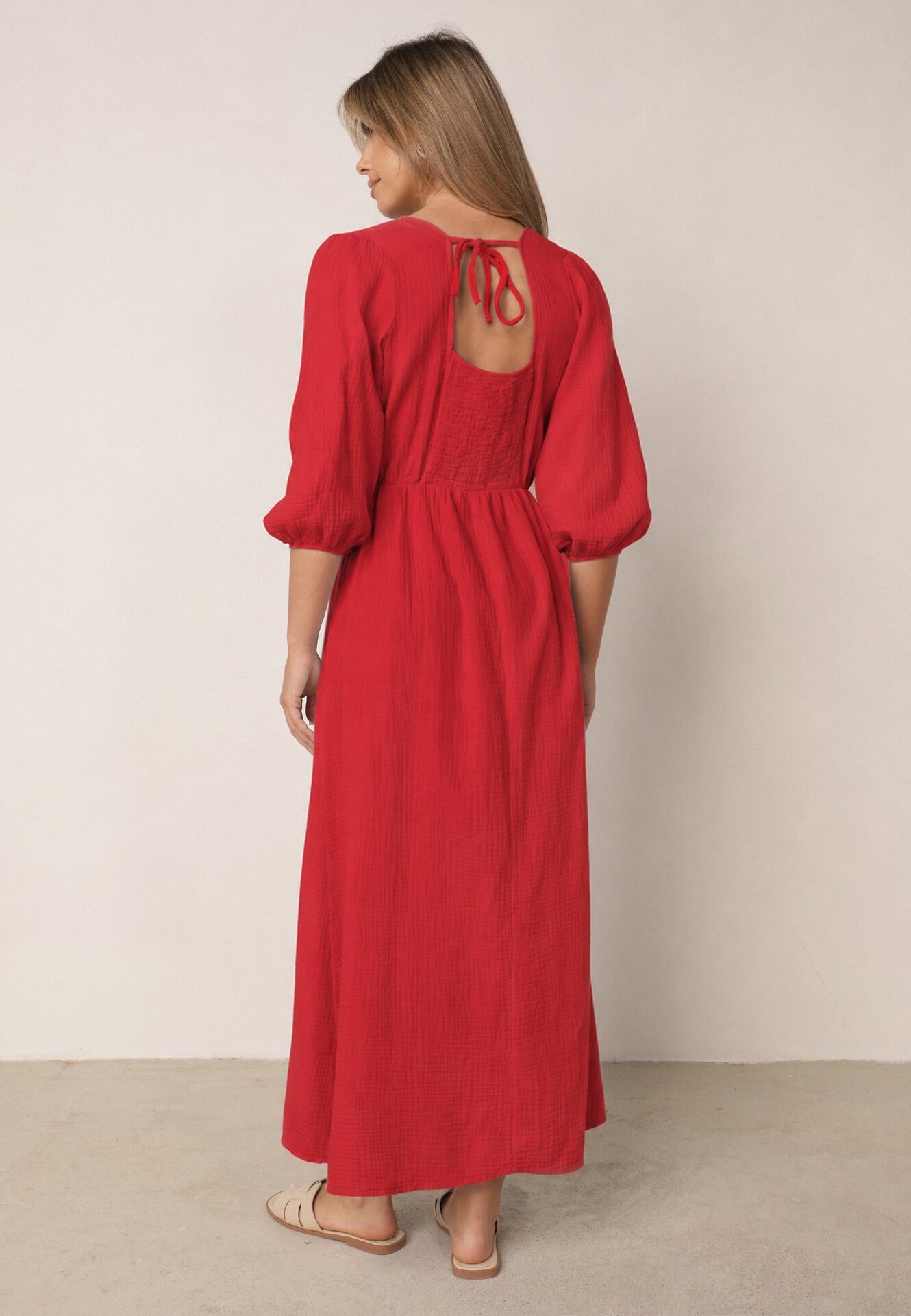 jumelle Rochie Roșie Cloș din bumbac Boho cu șnur și elastic în talie Lawla