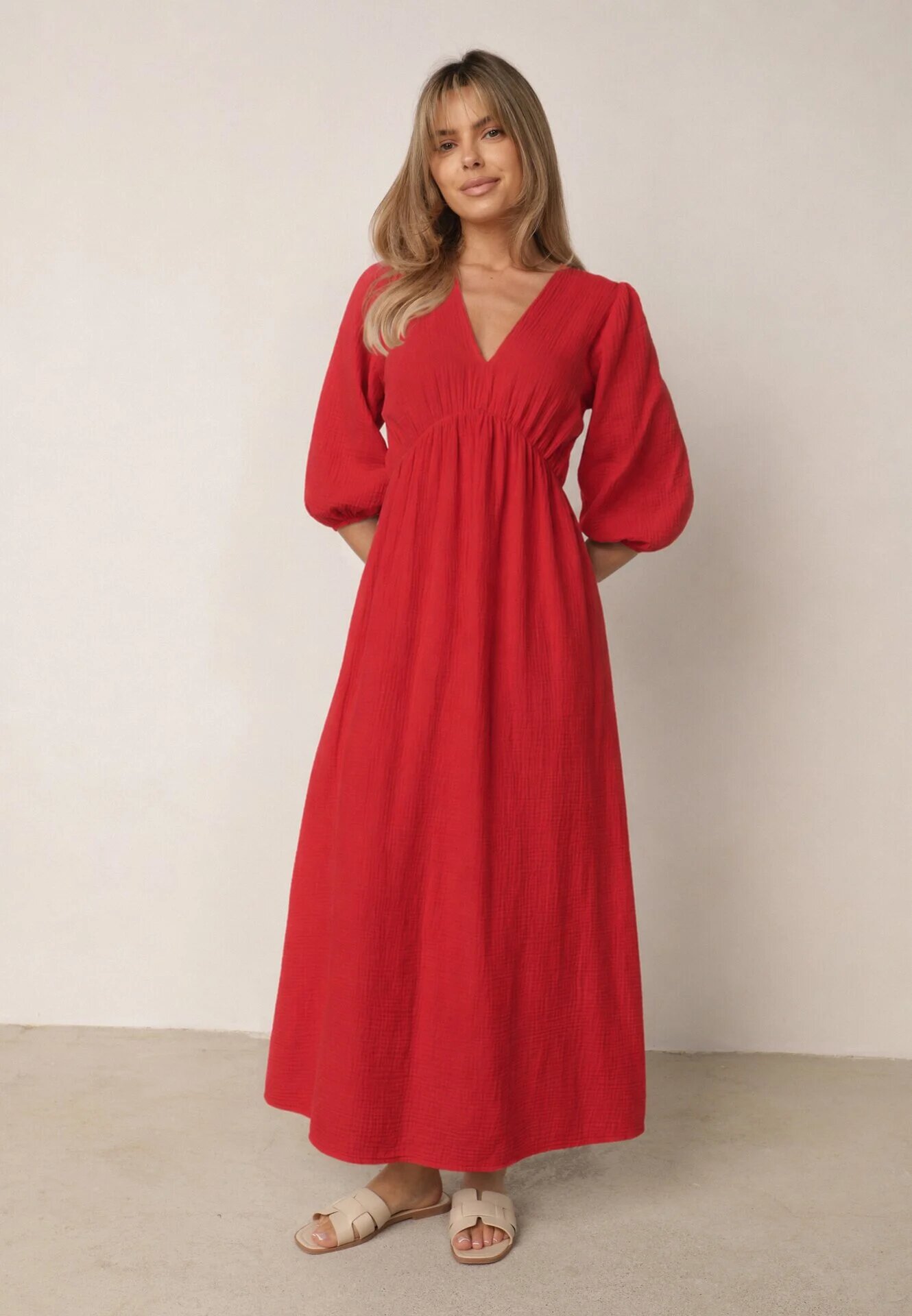 jumelle Rochie Roșie Cloș din bumbac Boho cu șnur și elastic în talie Lawla