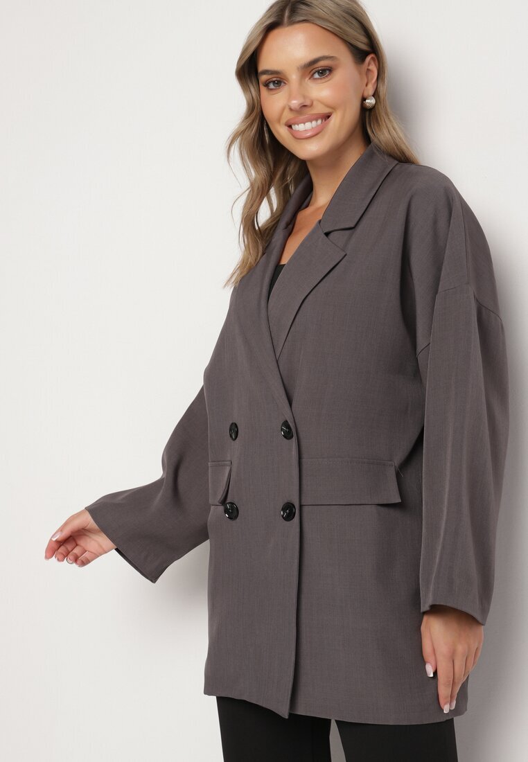 jumelle Sacou Gri Oversize Dublu cu Imitație de Buzunare Tinnielle