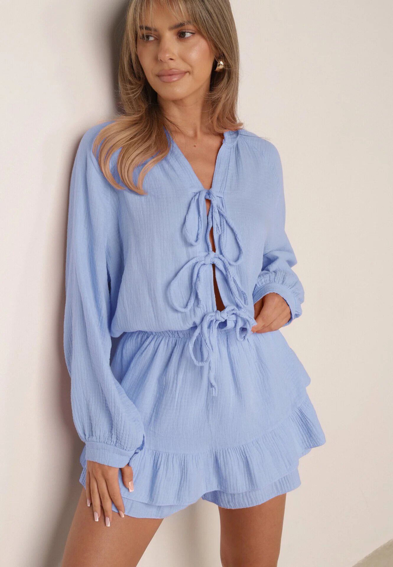 jumelle Salopetă Albastră Legată Din bumbac Boho cu Volănașe și Legătură Lalelia