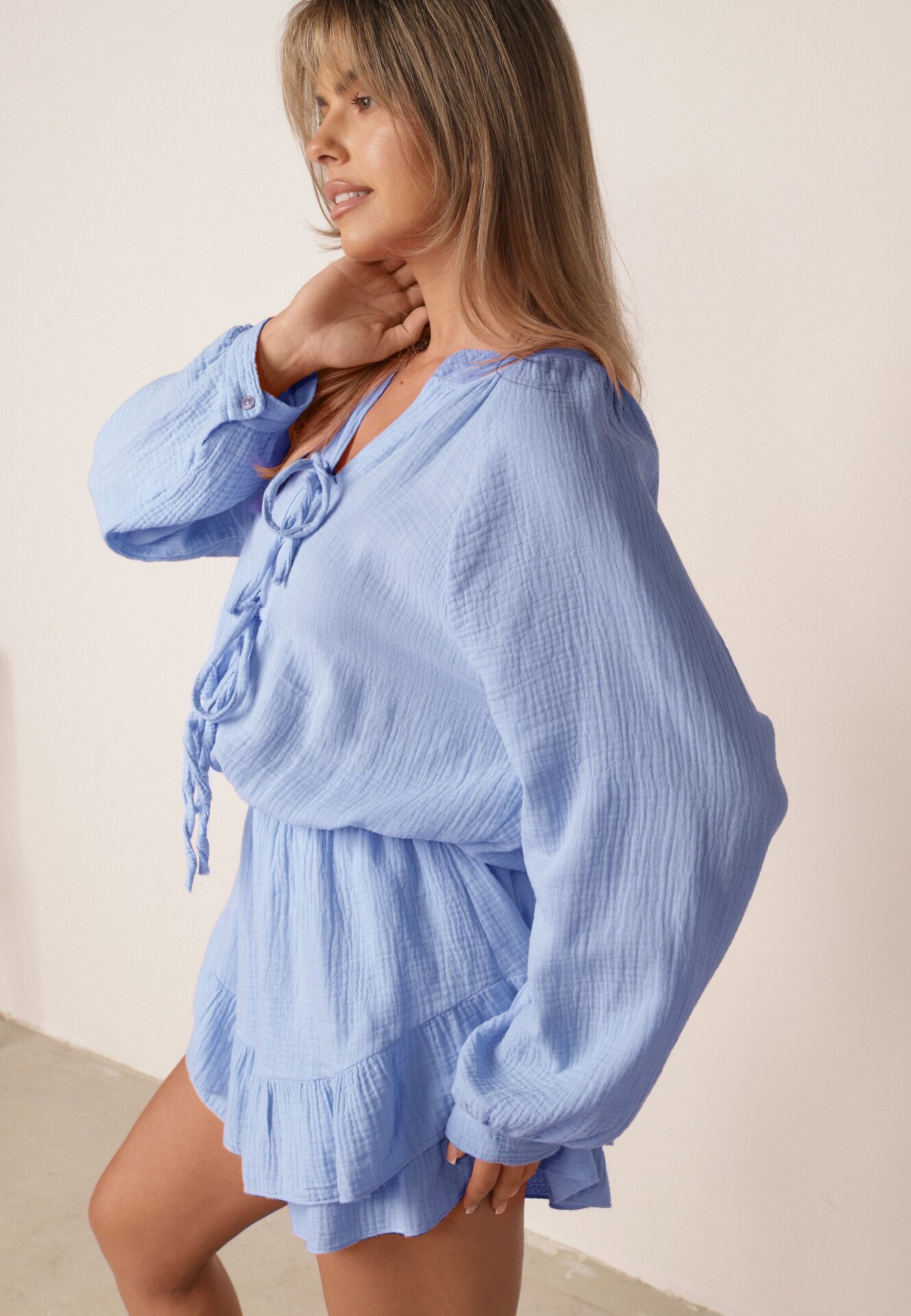jumelle Salopetă Albastră Legată Din bumbac Boho cu Volănașe și Legătură Lalelia