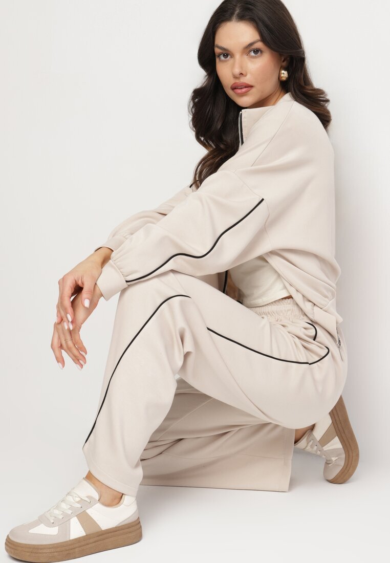 jumelle Set de Trening Bej deschis cu Viscoză în Stil Retro Bluză și Pantaloni Largi Lavriz