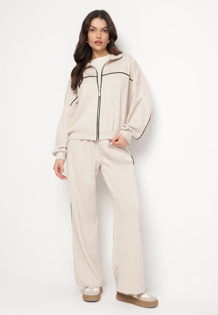 jumelle Set de Trening Bej deschis cu Viscoză în Stil Retro Bluză și Pantaloni Largi Lavriz