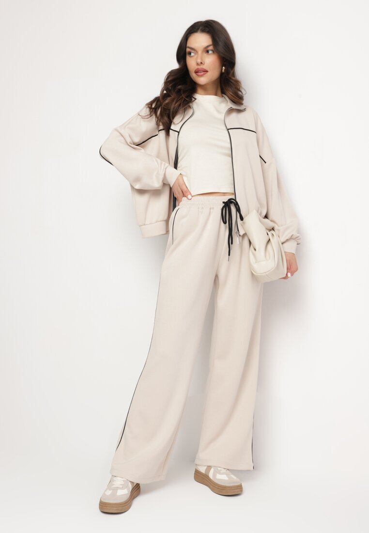jumelle Set de Trening Bej deschis cu Viscoză în Stil Retro Bluză și Pantaloni Largi Lavriz