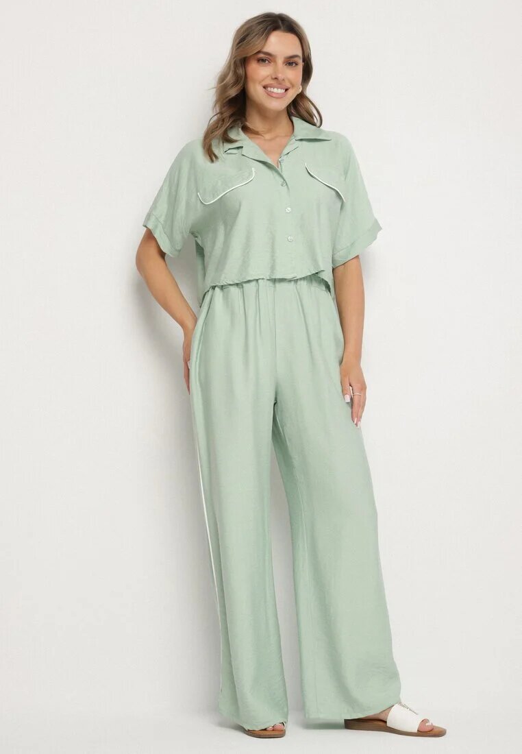 jumelle Set din viscoză verde deschis: Cămașă scurtă și Pantaloni largi Davitta