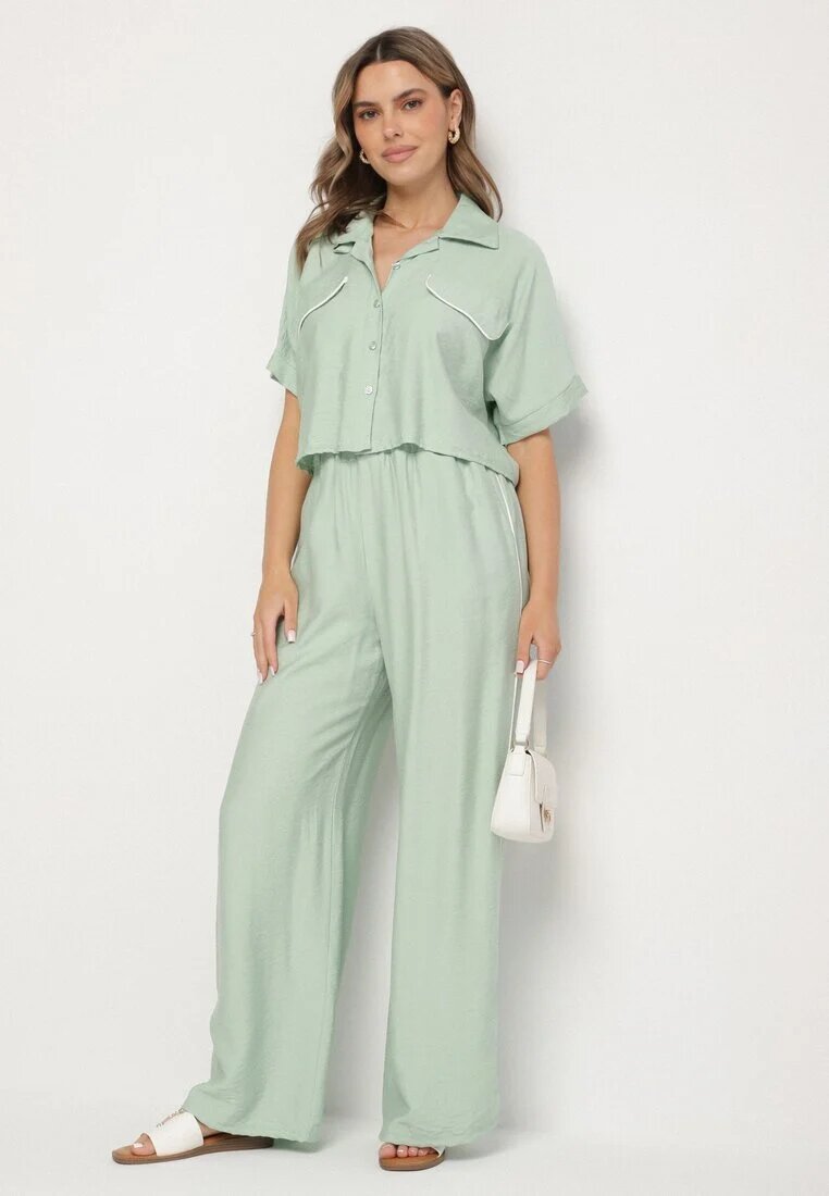 jumelle Set din viscoză verde deschis: Cămașă scurtă și Pantaloni largi Davitta