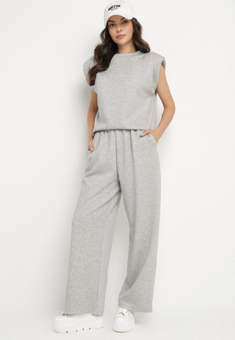 jumelle Set Gri din Viscoză Tricou cu Umeri Întăriți și Pantaloni Largi Nevisari