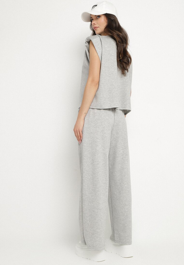 jumelle Set Gri din Viscoză Tricou cu Umeri Întăriți și Pantaloni Largi Nevisari