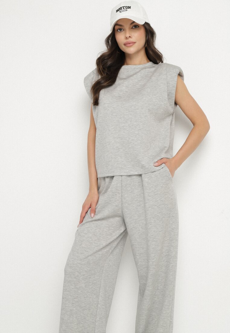 jumelle Set Gri din Viscoză Tricou cu Umeri Întăriți și Pantaloni Largi Nevisari