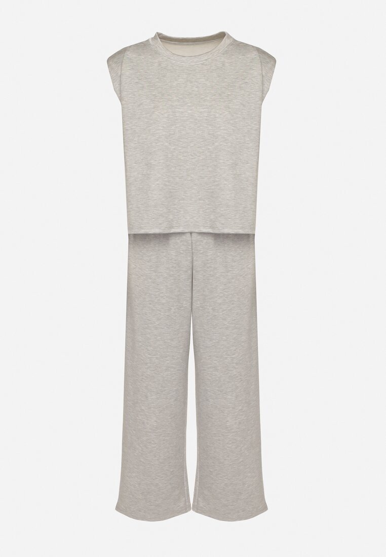 jumelle Set Gri din Viscoză Tricou cu Umeri Întăriți și Pantaloni Largi Nevisari