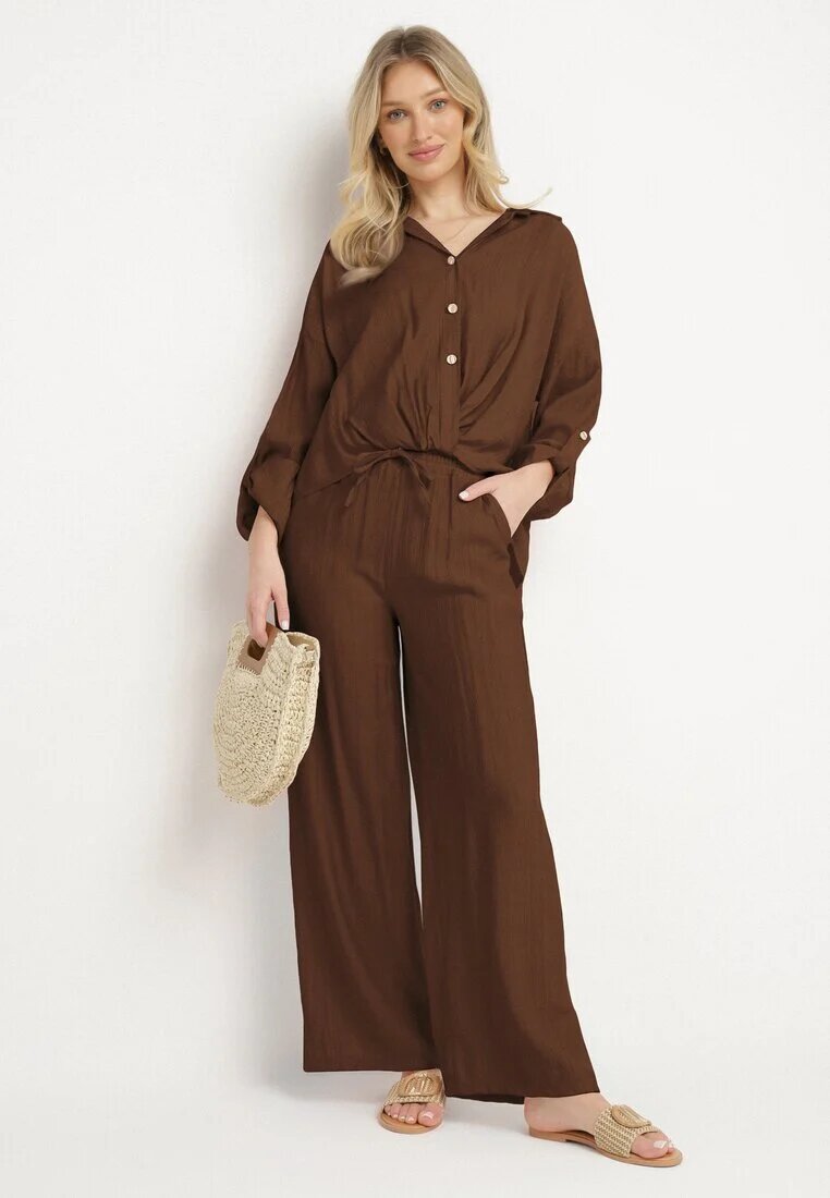 jumelle Set maro vâscoză oversize Cămașă și Pantaloni cu elastic în talie Natilira