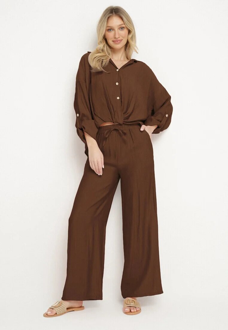 jumelle Set maro vâscoză oversize Cămașă și Pantaloni cu elastic în talie Natilira