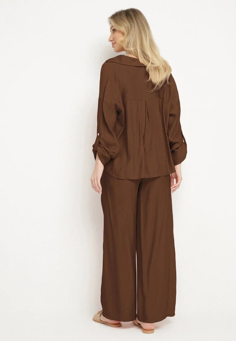 jumelle Set maro vâscoză oversize Cămașă și Pantaloni cu elastic în talie Natilira
