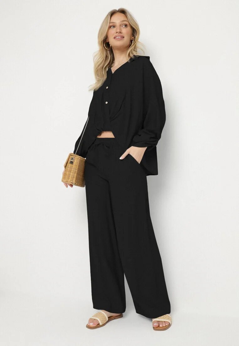 jumelle Set Negru din viscoză Oversize Cămașă și Pantaloni cu elastic în talie Natilira