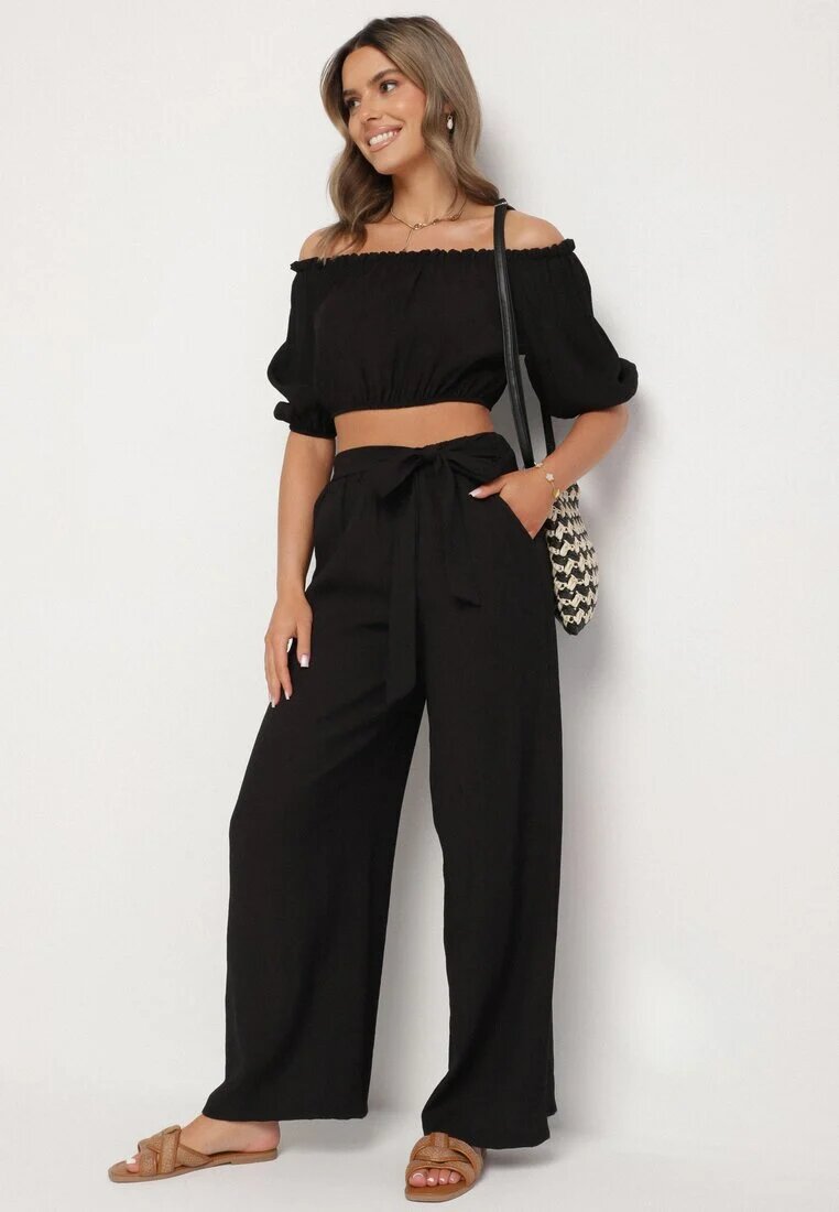 jumelle Set Negru Pantaloni Largi și Bluză cu Mâneci Bufante Idasela